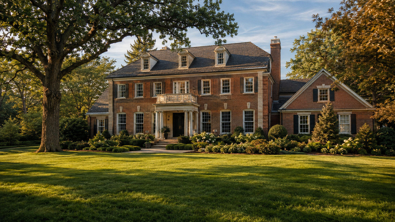 Brick house with a columned entry, a broad lawn, and mature trees